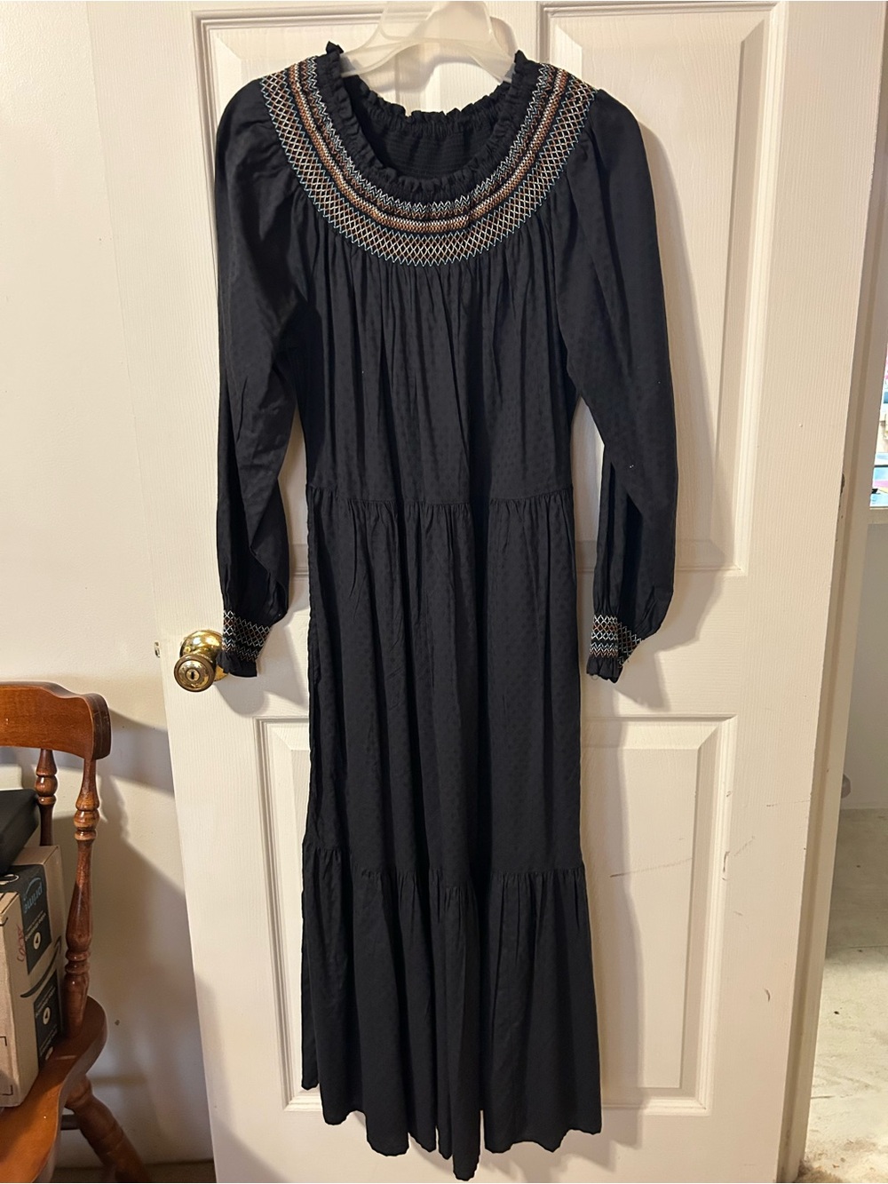 Universal Thread Black Long Sleeve Maxi Dress with Embroidered Yoke